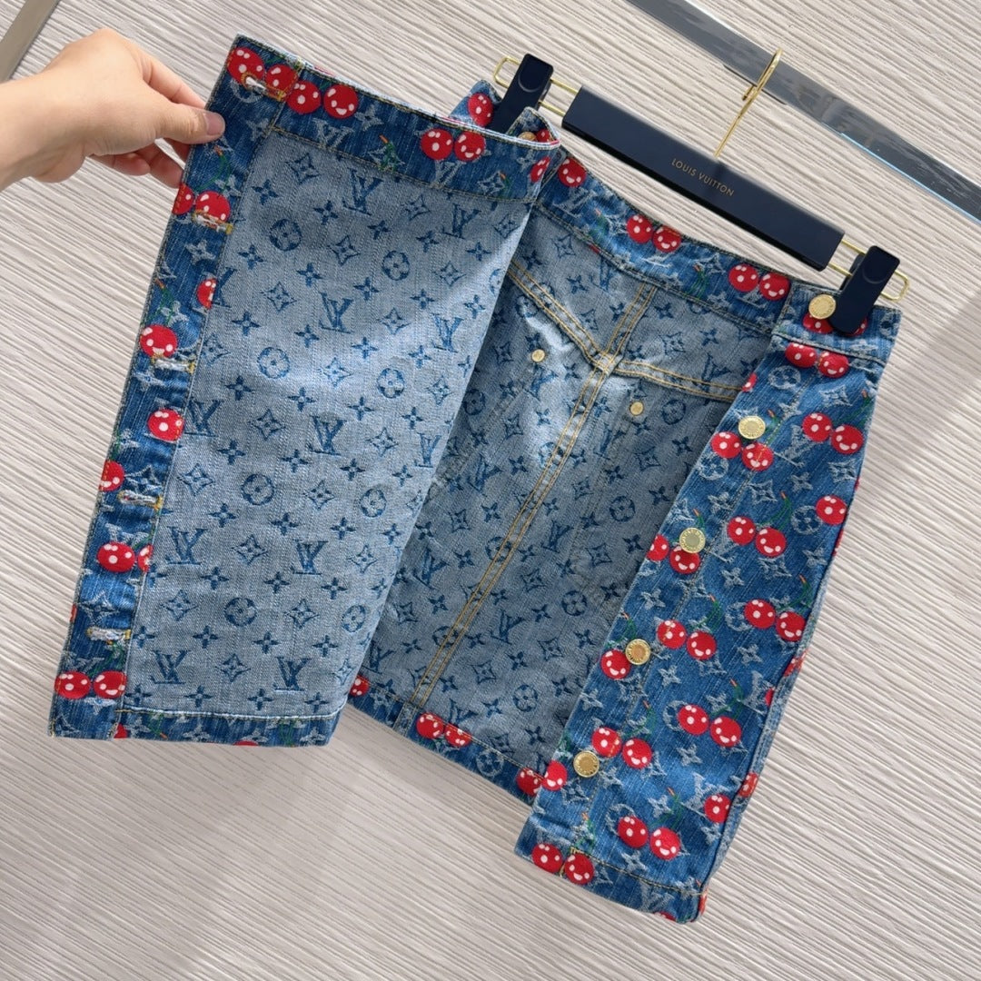LV 25 Cherry Denim Skirt Blue Cotton