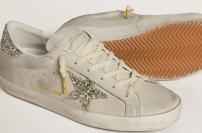 Women's Super-Star LTD in ivory nappa leather with platinum glitter star and heel tab