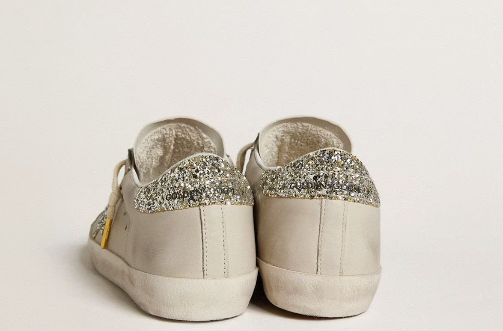 Women's Super-Star LTD in ivory nappa leather with platinum glitter star and heel tab