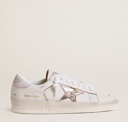 Stardan in nappa con stella in pelle laminata argento e talloncino in suede rosa