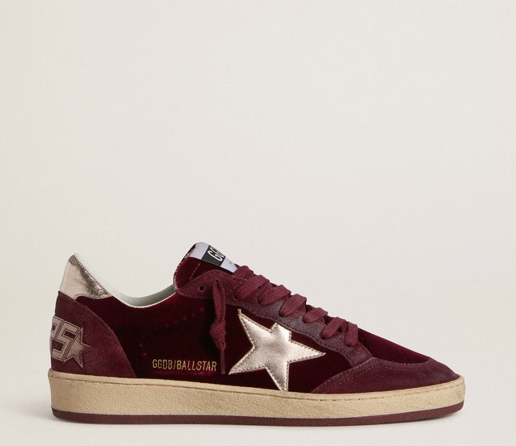Ball Star Donna in velluto bordeaux con stella e talloncino in pelle laminata oro