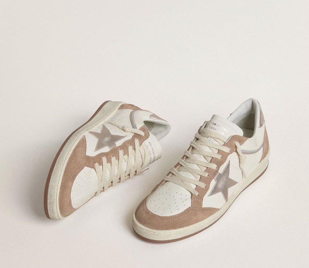 Ball Star LTD in nappa bianca e suede rosa antico con stella e talloncino in pelle laminata argento