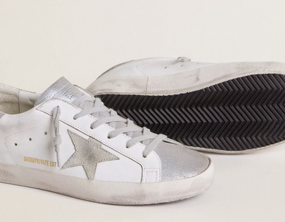 Women’s Super-Star with gray suede star and silver glitter inserts