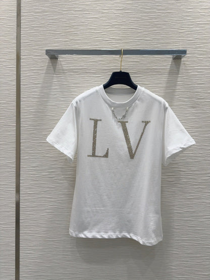 LV 25 Chain Round Neck T-shirt Black White Cotton