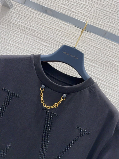 LV 25 Chain Round Neck T-shirt Black White Cotton