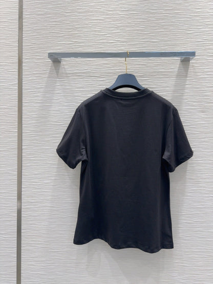LV 25 Chain Round Neck T-shirt Black White Cotton