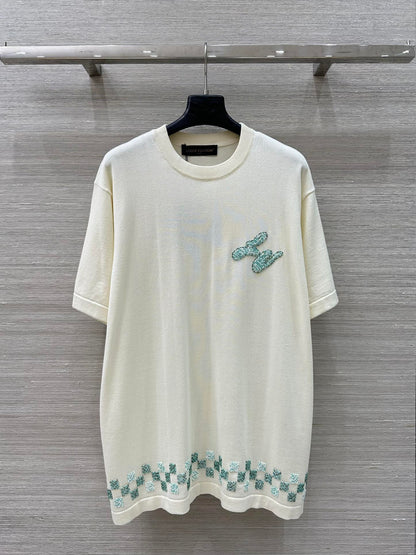 LV 25 Plaid Beading Embroidered Letters Casual  T-Shirt White Beige Cotton