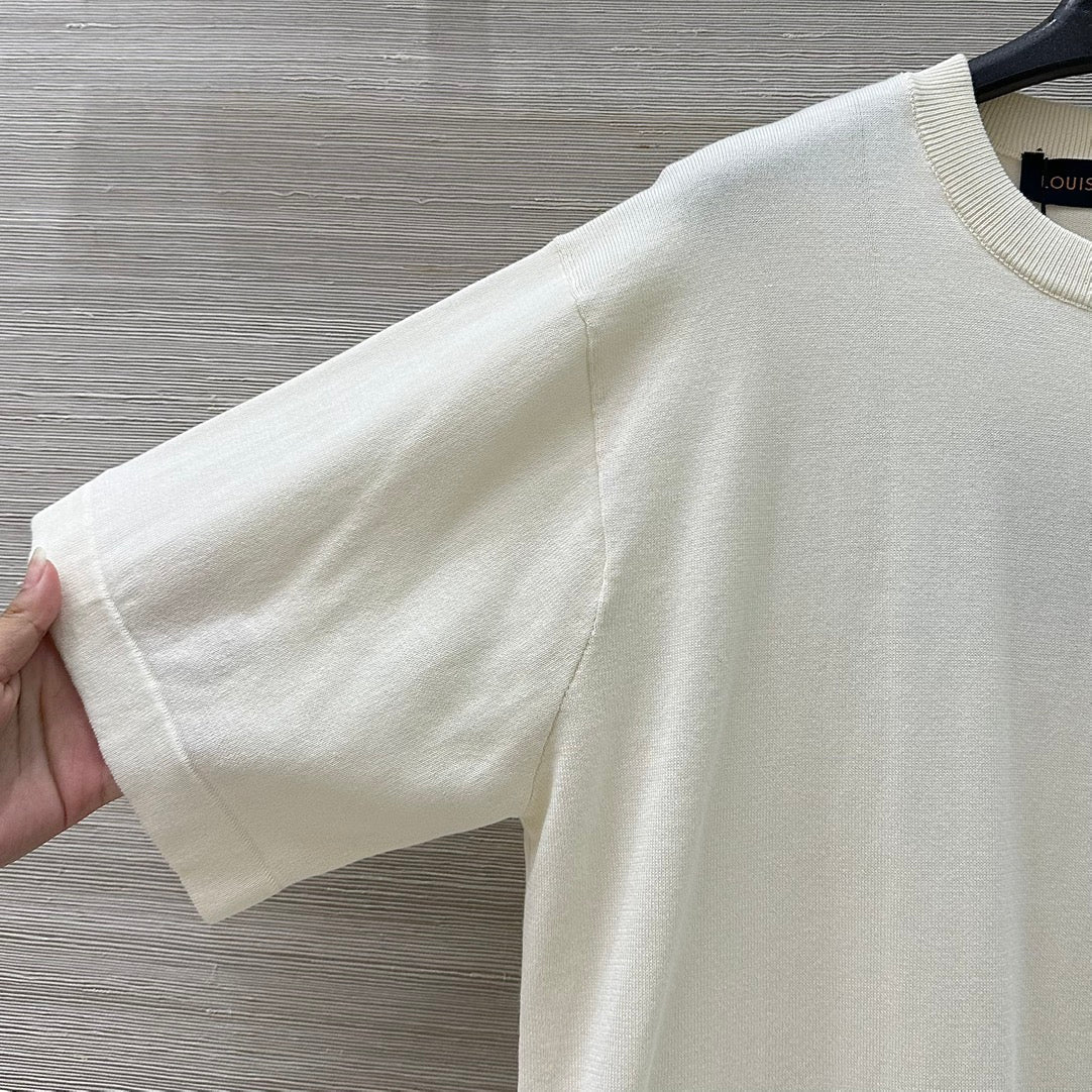 LV 25 Plaid Beading Embroidered Letters Casual  T-Shirt White Beige Cotton