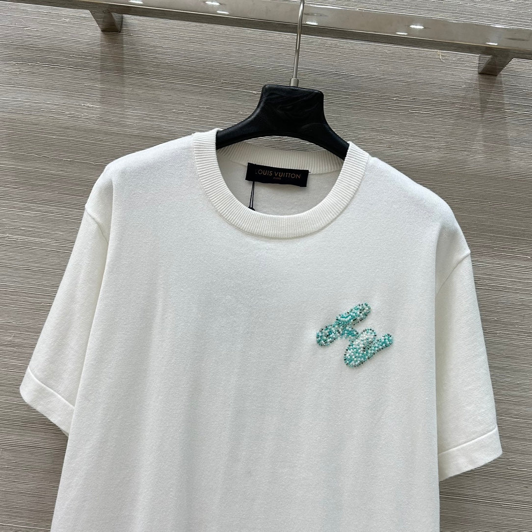 LV 25 Plaid Beading Embroidered Letters Casual  T-Shirt White Beige Cotton