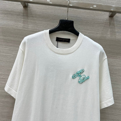LV 25 Plaid Beading Embroidered Letters Casual  T-Shirt White Beige Cotton