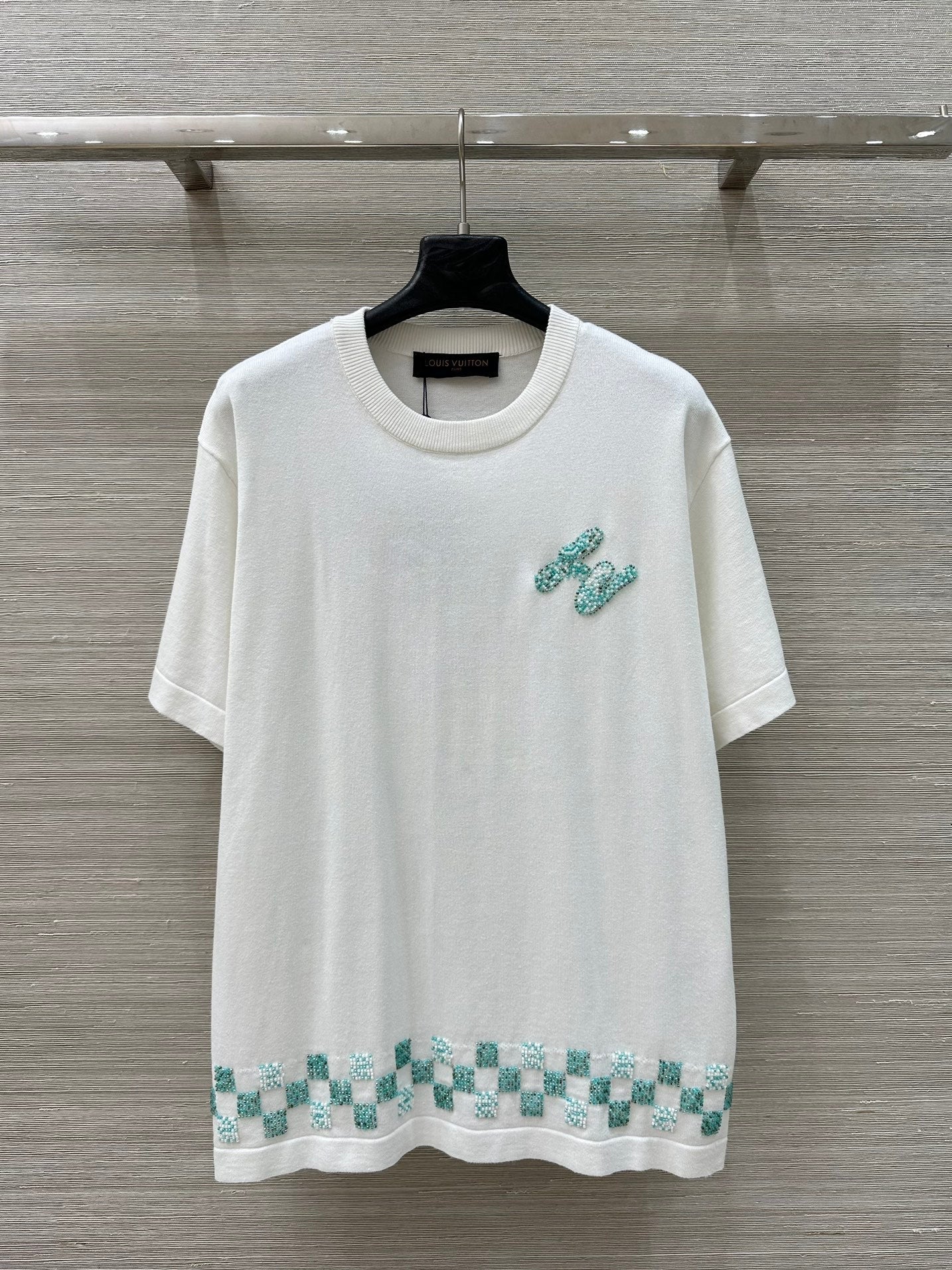 LV 25 Plaid Beading Embroidered Letters Casual  T-Shirt White Beige Cotton