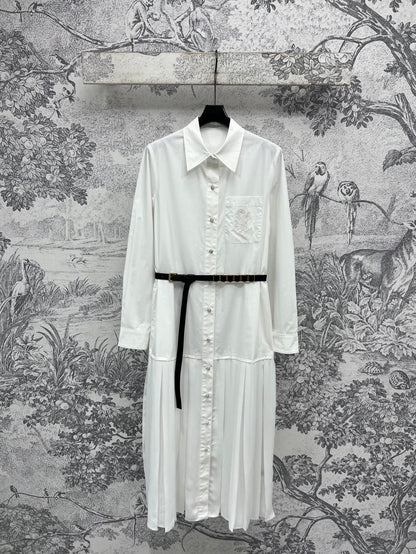 LV 25 Pleated Design Belt That Pinches Waist Dress Black White Cotton