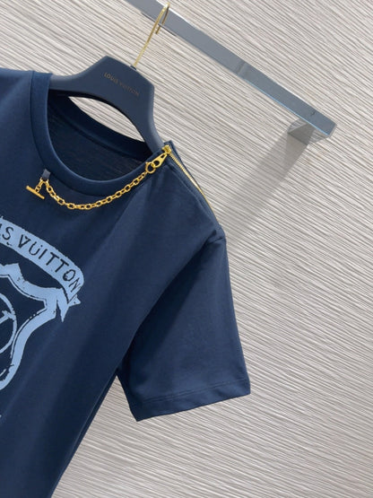 LV 25 Metal Zipper Decoration On The Left Shoulder Dress  Blue Cotton