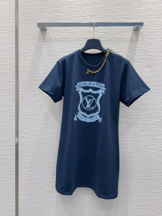 LV 25 Metal Zipper Decoration On The Left Shoulder Dress  Blue Cotton