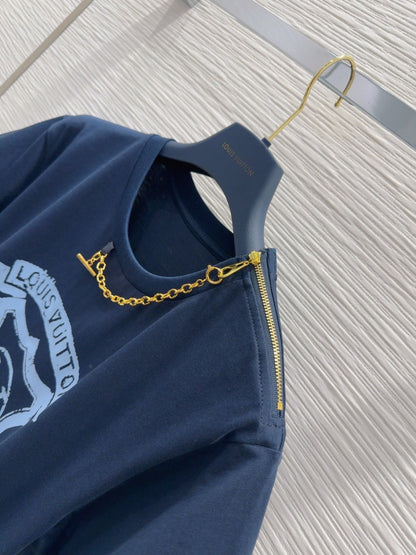 LV 25 Metal Zipper Decoration On The Left Shoulder Dress  Blue Cotton
