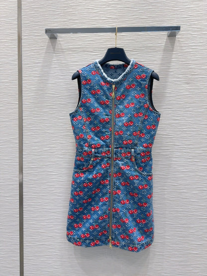 LV 25 Cherry Denim Vest Dress Blue Cotton