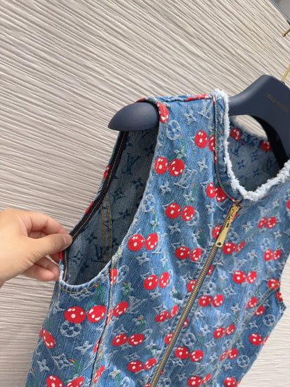 LV 25 Cherry Denim Vest Dress Blue Cotton