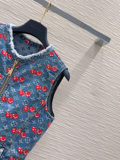 LV 25 Cherry Denim Vest Dress Blue Cotton