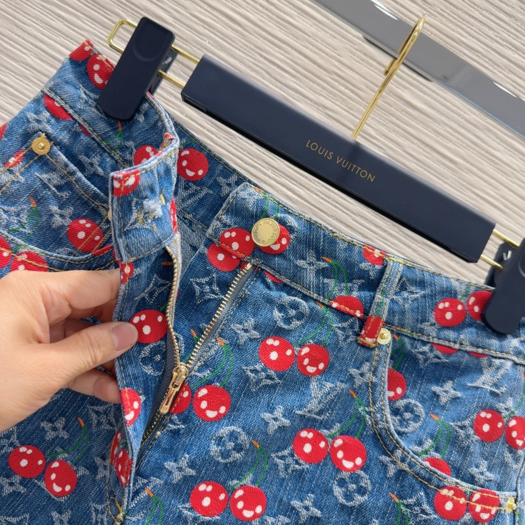 LV 25 Cherry Denim Shorts Blue Cotton
