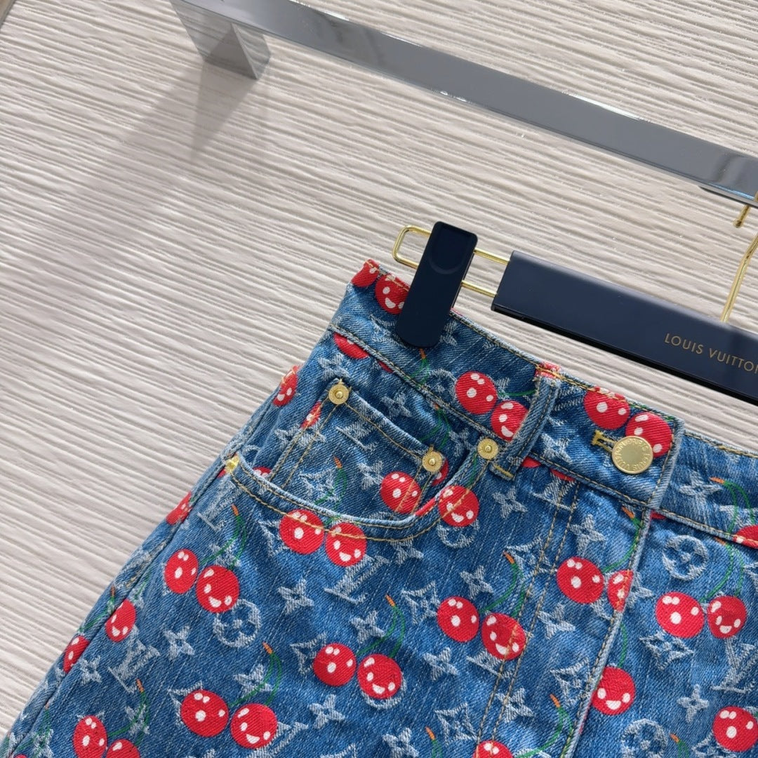 LV 25 Cherry Denim Shorts Blue Cotton