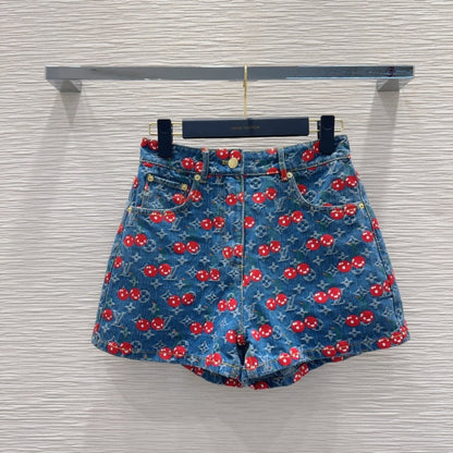 LV 25 Cherry Denim Shorts Blue Cotton