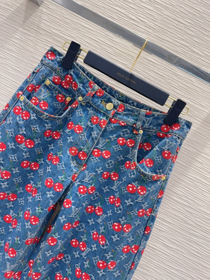 LV 25 Cherry Denim Pants Blue Cotton