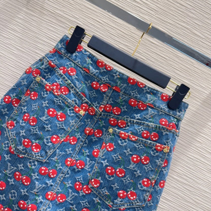 LV 25 Cherry Denim Skirt  Blue Cotton