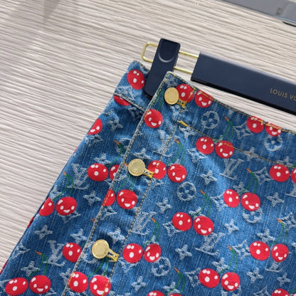 LV 25 Cherry Denim Skirt  Blue Cotton