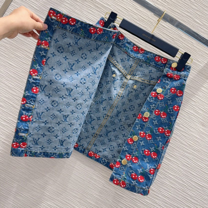 LV 25 Cherry Denim Skirt  Blue Cotton