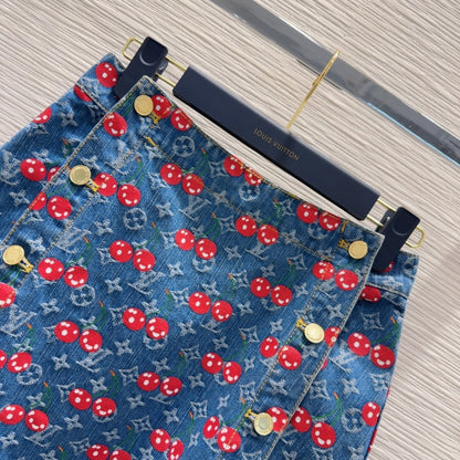 LV 25 Cherry Denim Skirt  Blue Cotton