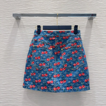 LV 25 Cherry Denim Skirt  Blue Cotton