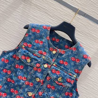 LV 25 Cherry Denim Vest Jacket Blue Cotton