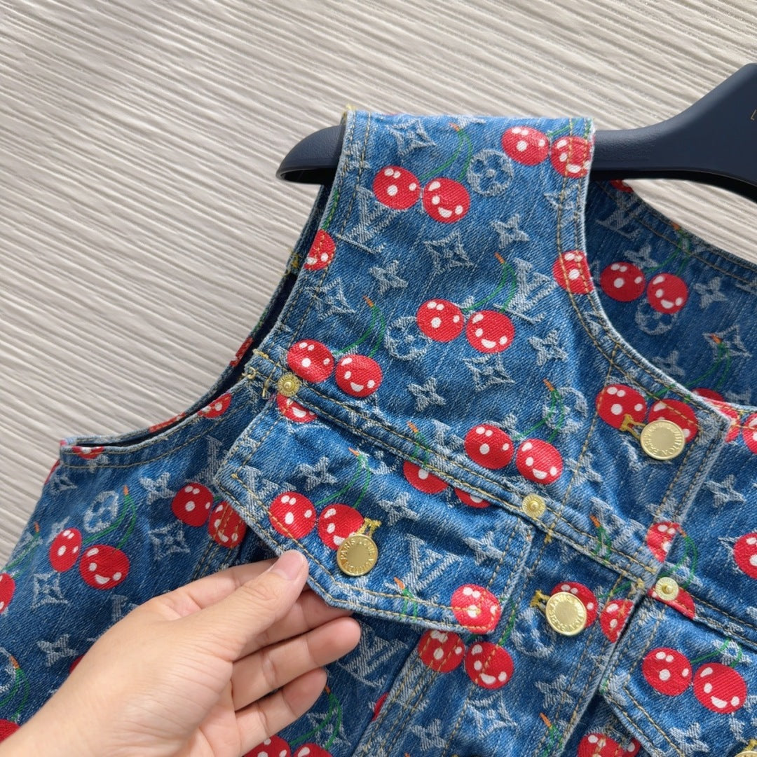 LV 25 Cherry Denim Vest Jacket Blue Cotton