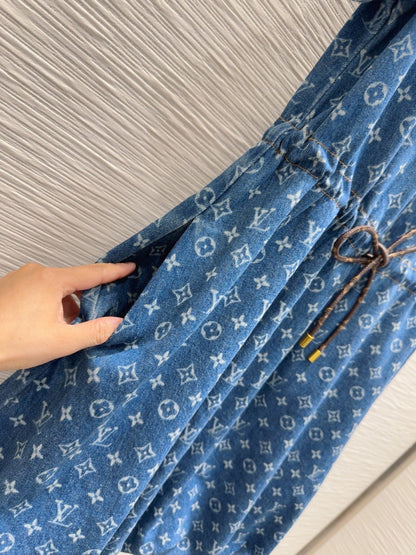 LV 25 Both Muscular Soft Elastic Waist Denim Dress Blue Cotton