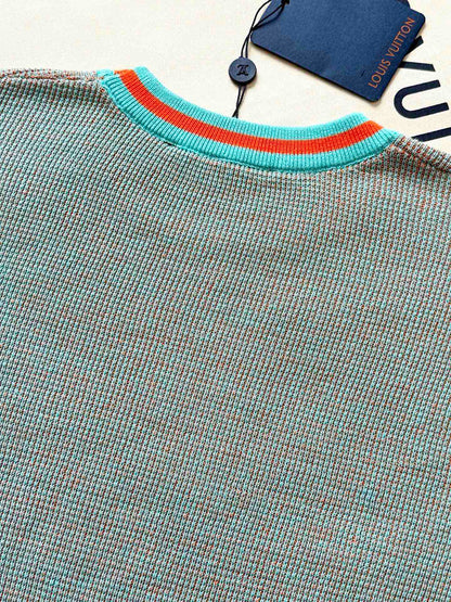 LV 25  Dolphin Jacquard Short Sleeve  Shirt Blue Sweater Knit