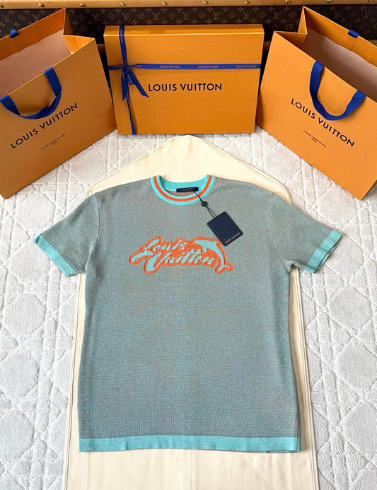 LV 25  Dolphin Jacquard Short Sleeve  Shirt Blue Sweater Knit