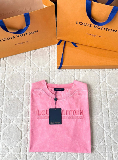 LV 25 Washed Powder Embroidery Round Neck T-shirt Pink Cotton