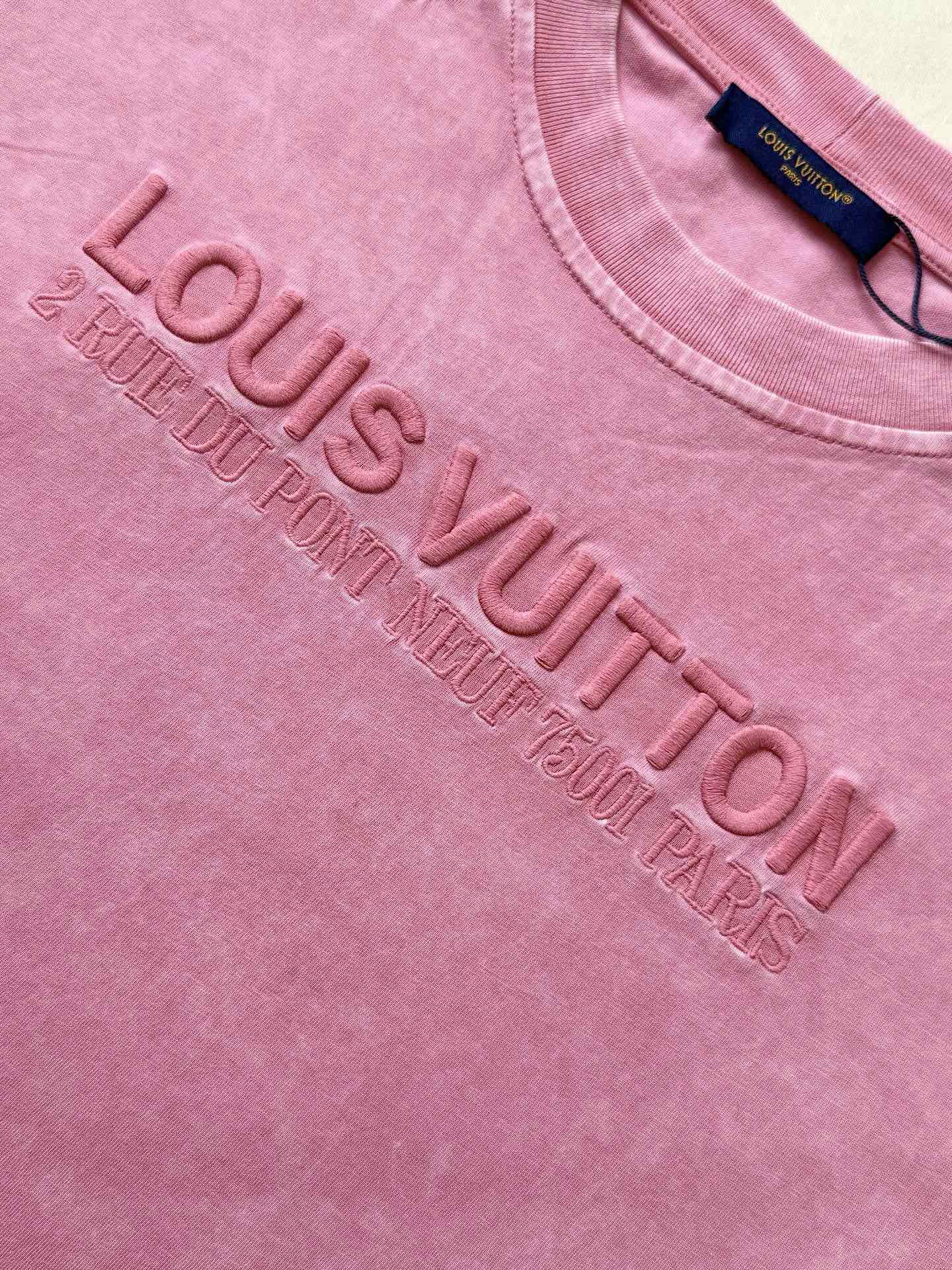 LV 25 Washed Powder Embroidery Round Neck T-shirt Pink Cotton