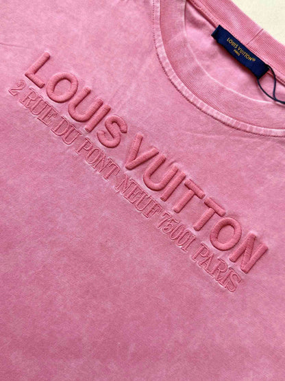 LV 25 Washed Powder Embroidery Round Neck T-shirt Pink Cotton