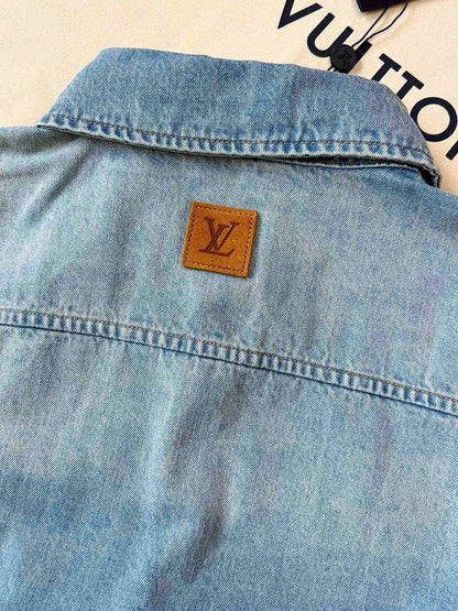 LV 25 Denim Pocket Embroidered Short Sleeve Shirt Blue Cotton
