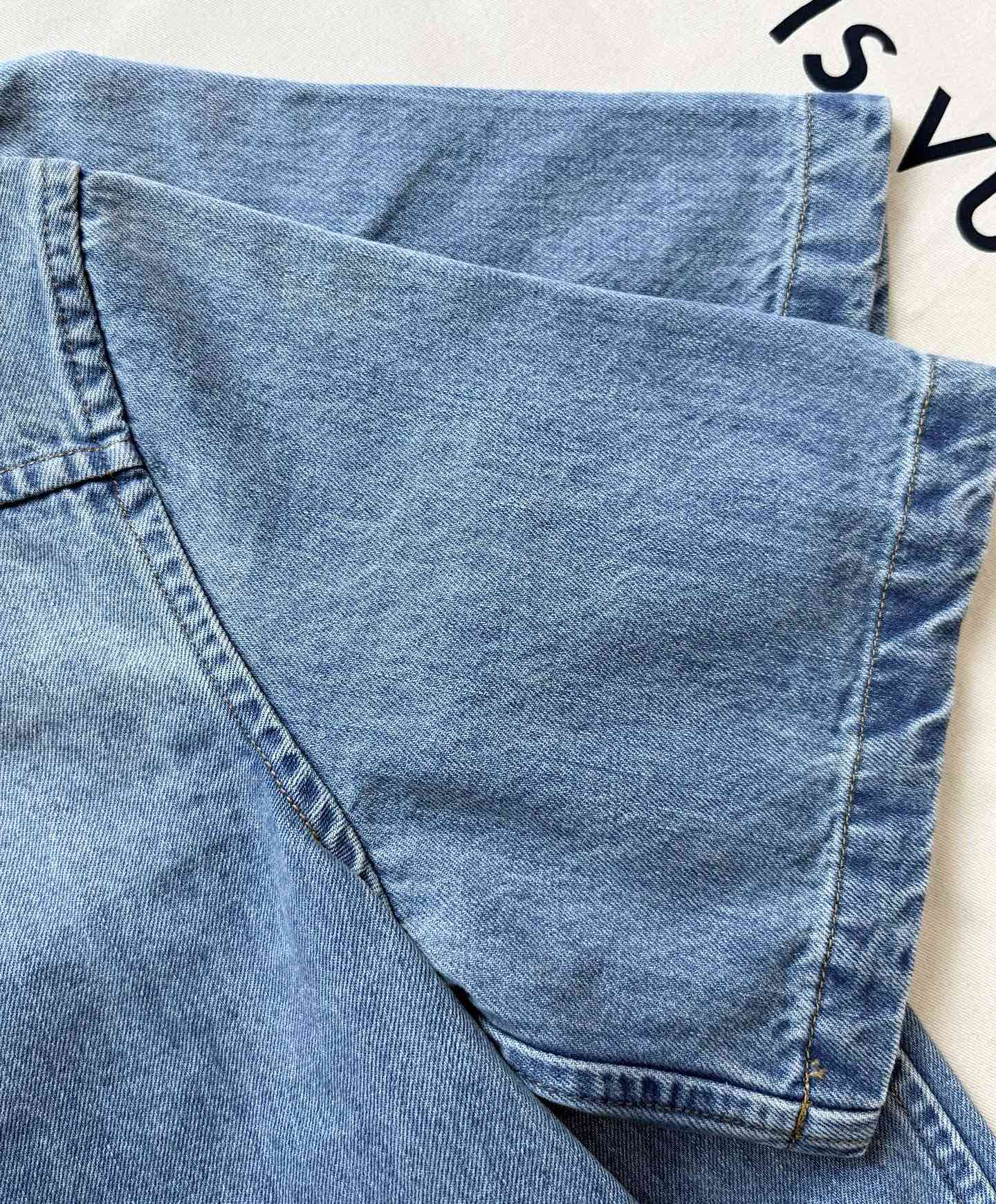 LV 25 Denim Pocket Embroidered Short Sleeve Shirt Blue Cotton