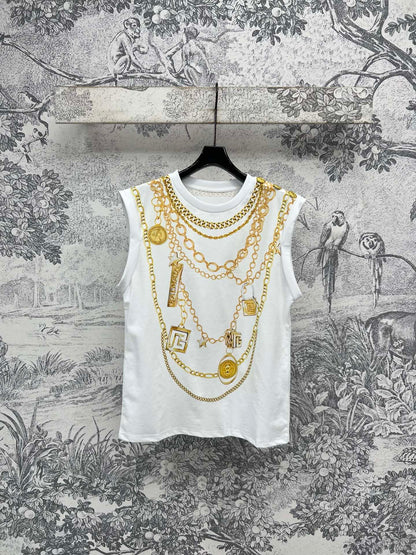 LV 25 Chain Round Neck Sleeveless T-shirt White Cotton