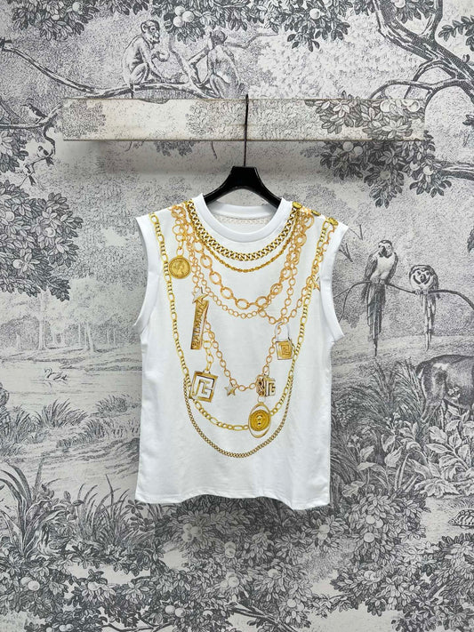 LV 25 Chain Round Neck Sleeveless T-shirt White Cotton