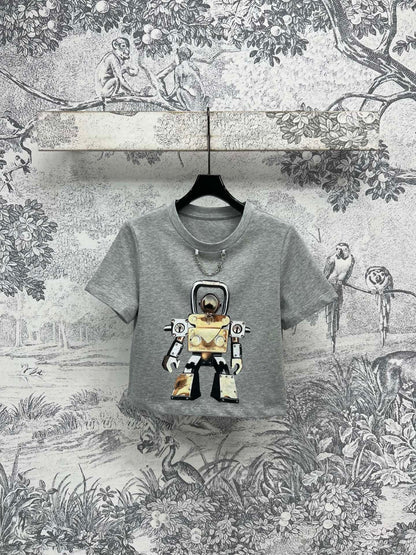 LV 25 Robot  On The Chest T-Shirt Grey Cotton
