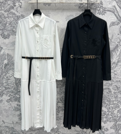 LV 25 Pleated Design Belt That Pinches Waist Dress Black White Cotton